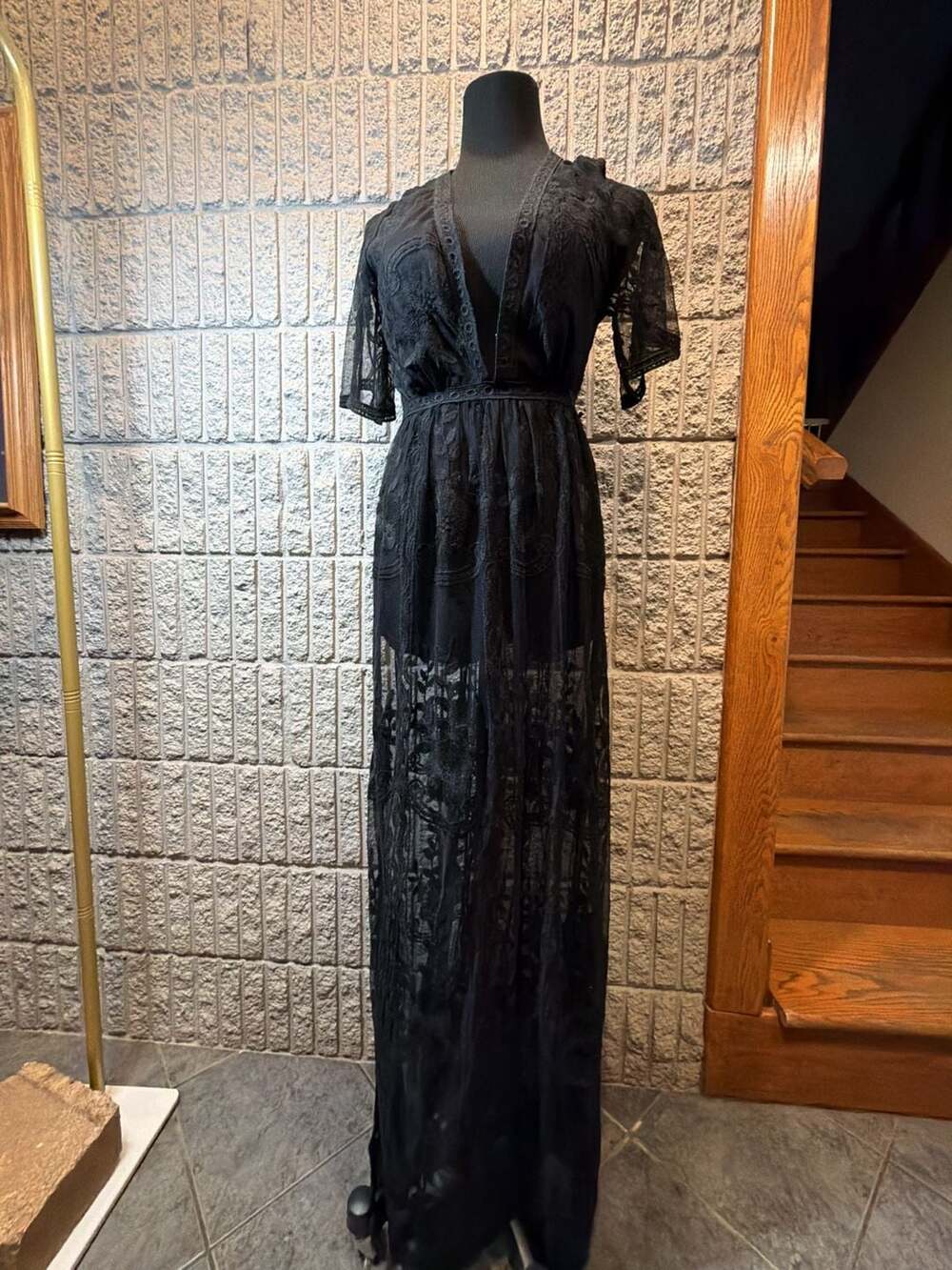 642 Haute Monde Black Lace Overlay Maxi Romper Size M